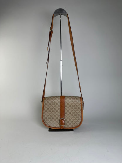 Vintage Celine Macadam Canvas Shoulder Bag Beige Brown Gold