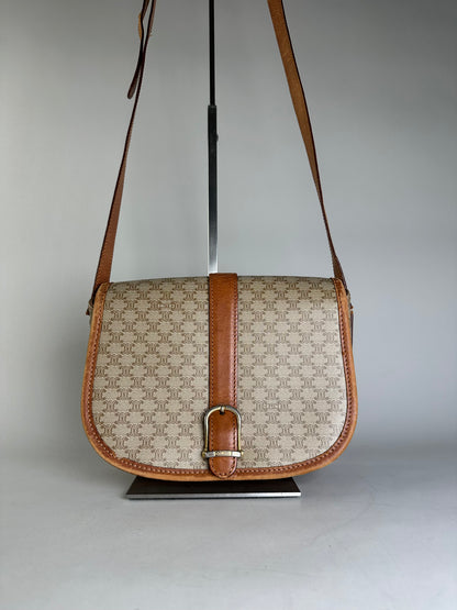 Vintage Celine Macadam Canvas Shoulder Bag Beige Brown Gold