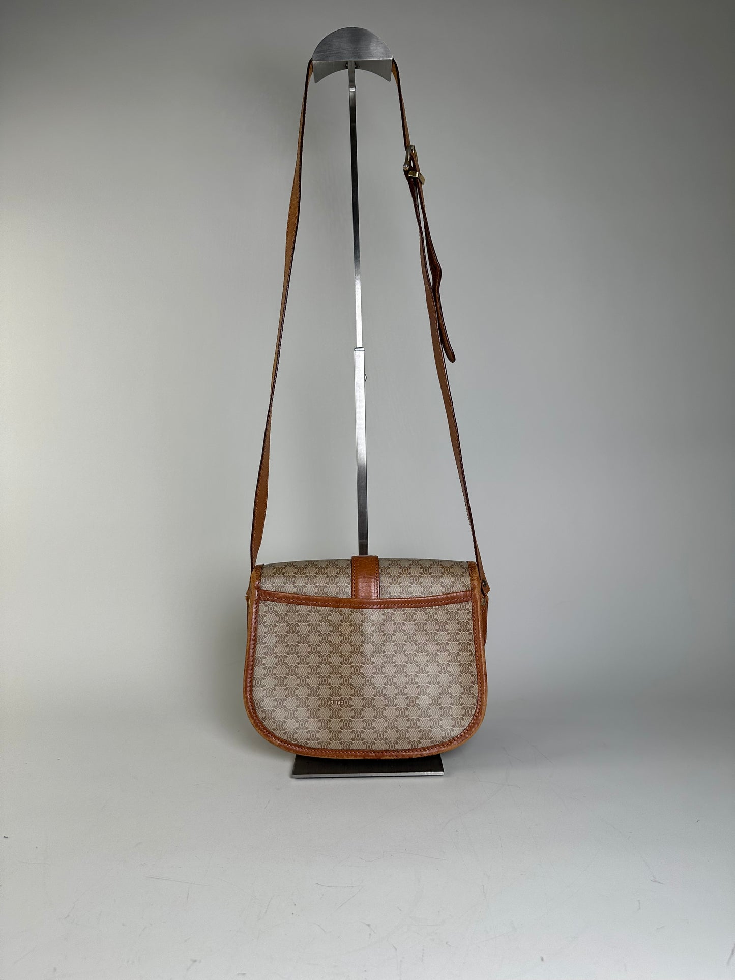 Vintage Celine Macadam Canvas Shoulder Bag Beige Brown Gold