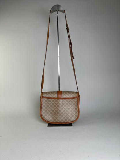 Vintage Celine Macadam Canvas Shoulder Bag Beige Brown Gold