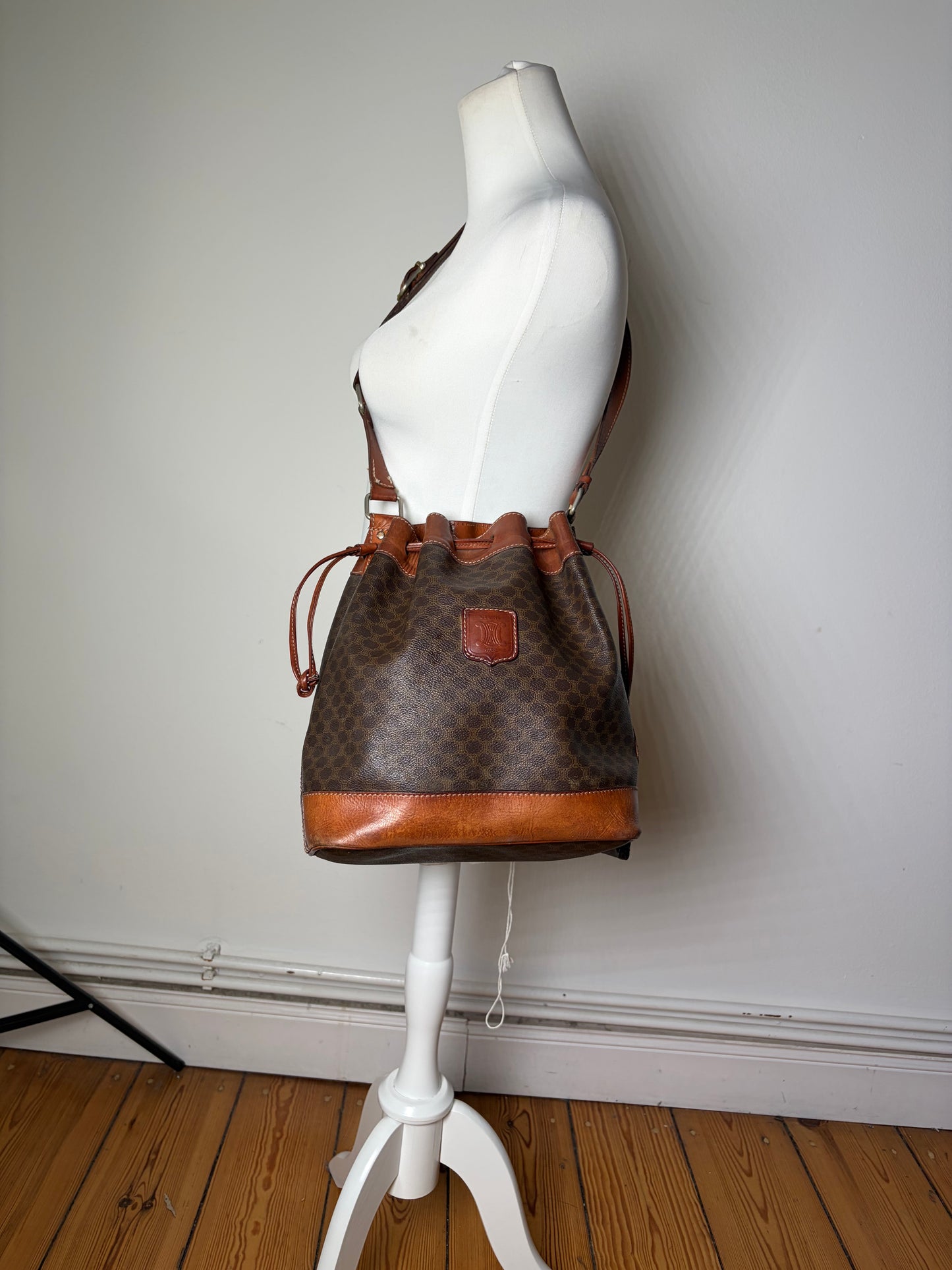 Vintage Celine Canvas Leather Trim Bucket Bag Brown Rust