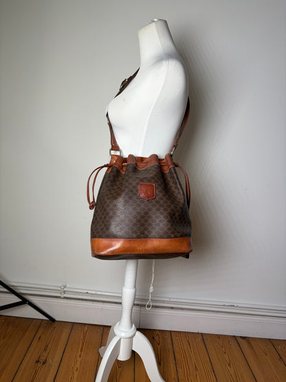 Vintage Celine Canvas Leather Trim Bucket Bag Brown Rust