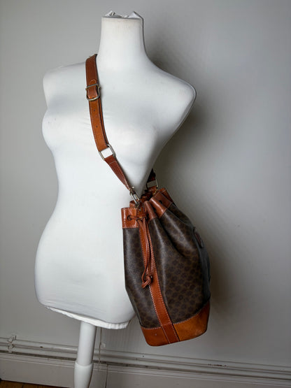 Vintage Celine Canvas Leather Trim Bucket Bag Brown Rust