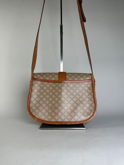 Vintage Celine Macadam Canvas Shoulder Bag Beige Brown Gold