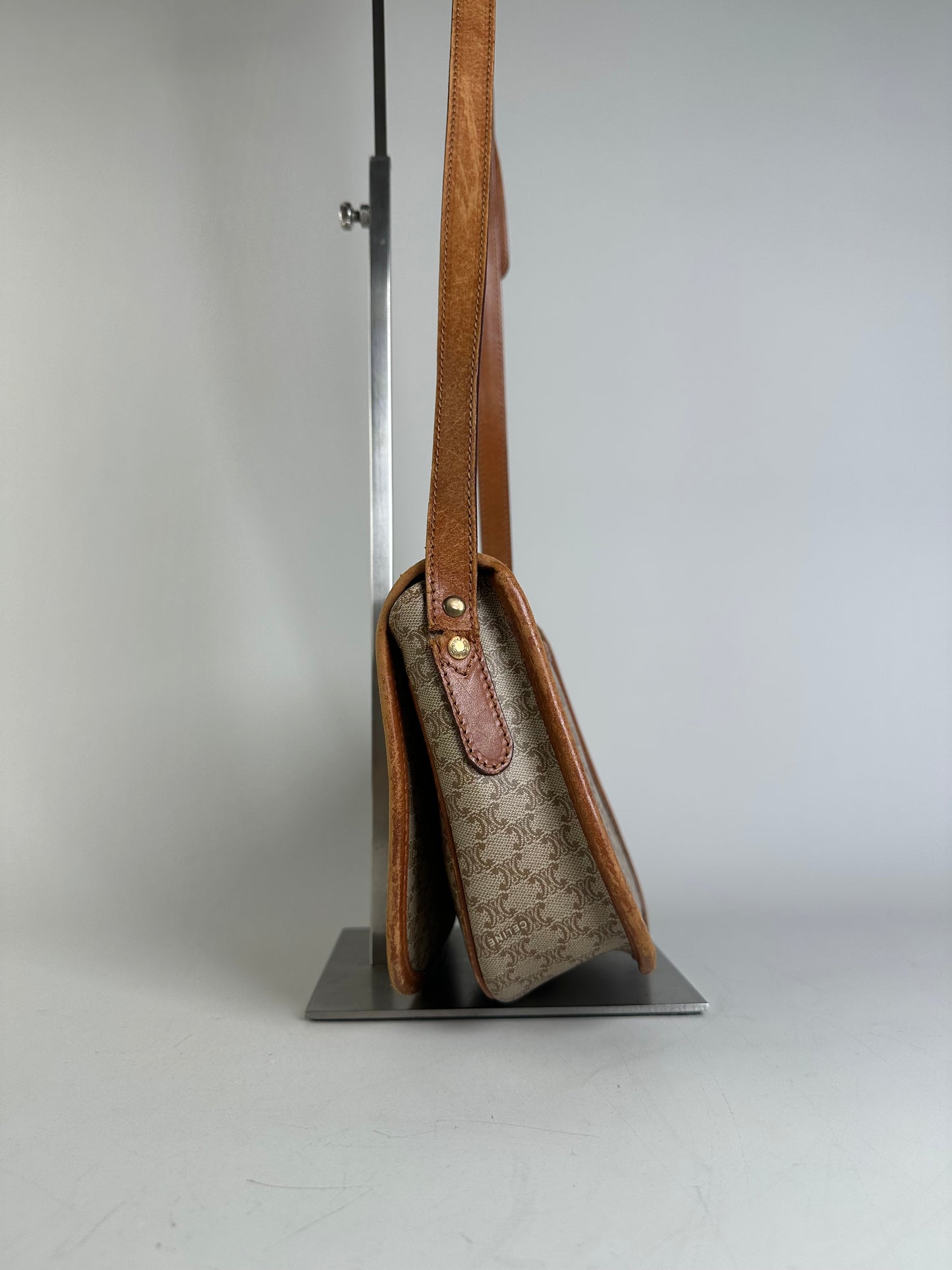 Vintage Celine Macadam Canvas Shoulder Bag Beige Brown Gold