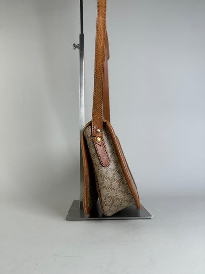 Vintage Celine Macadam Canvas Shoulder Bag Beige Brown Gold