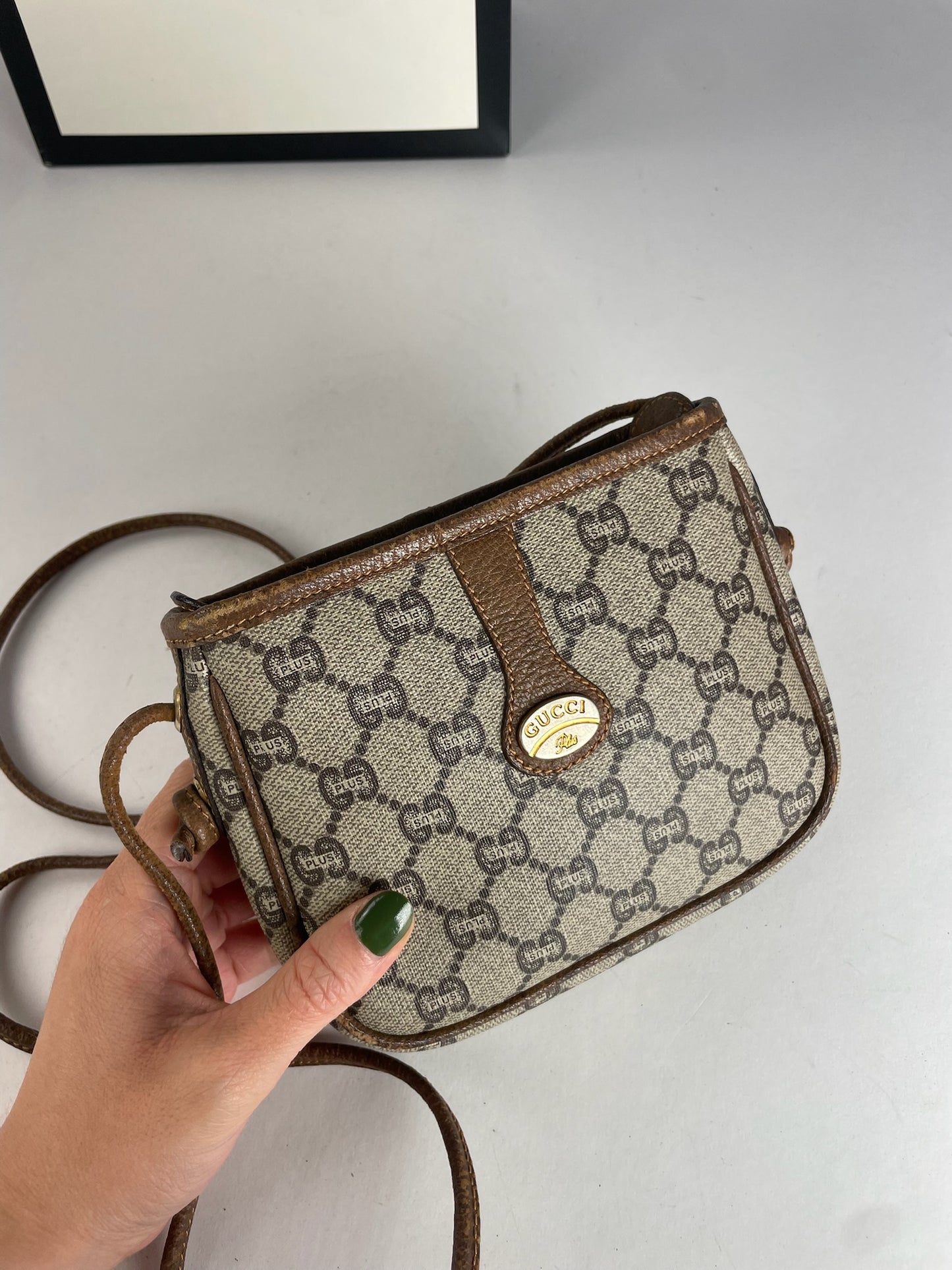 Vintage Gucci Monogram Leather Shoulder / Crossbody bag Grey Brown