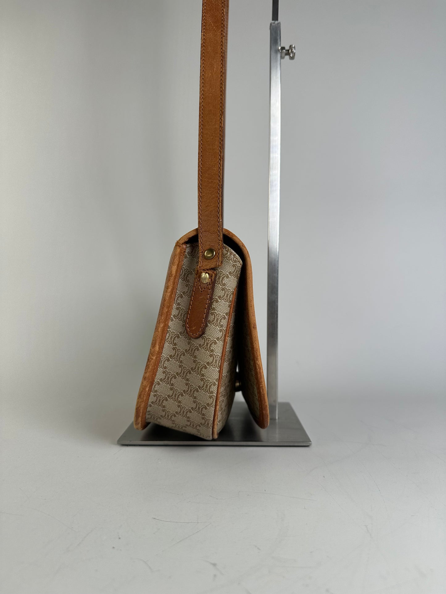 Vintage Celine Macadam Canvas Shoulder Bag Beige Brown Gold