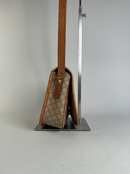 Vintage Celine Macadam Canvas Shoulder Bag Beige Brown Gold