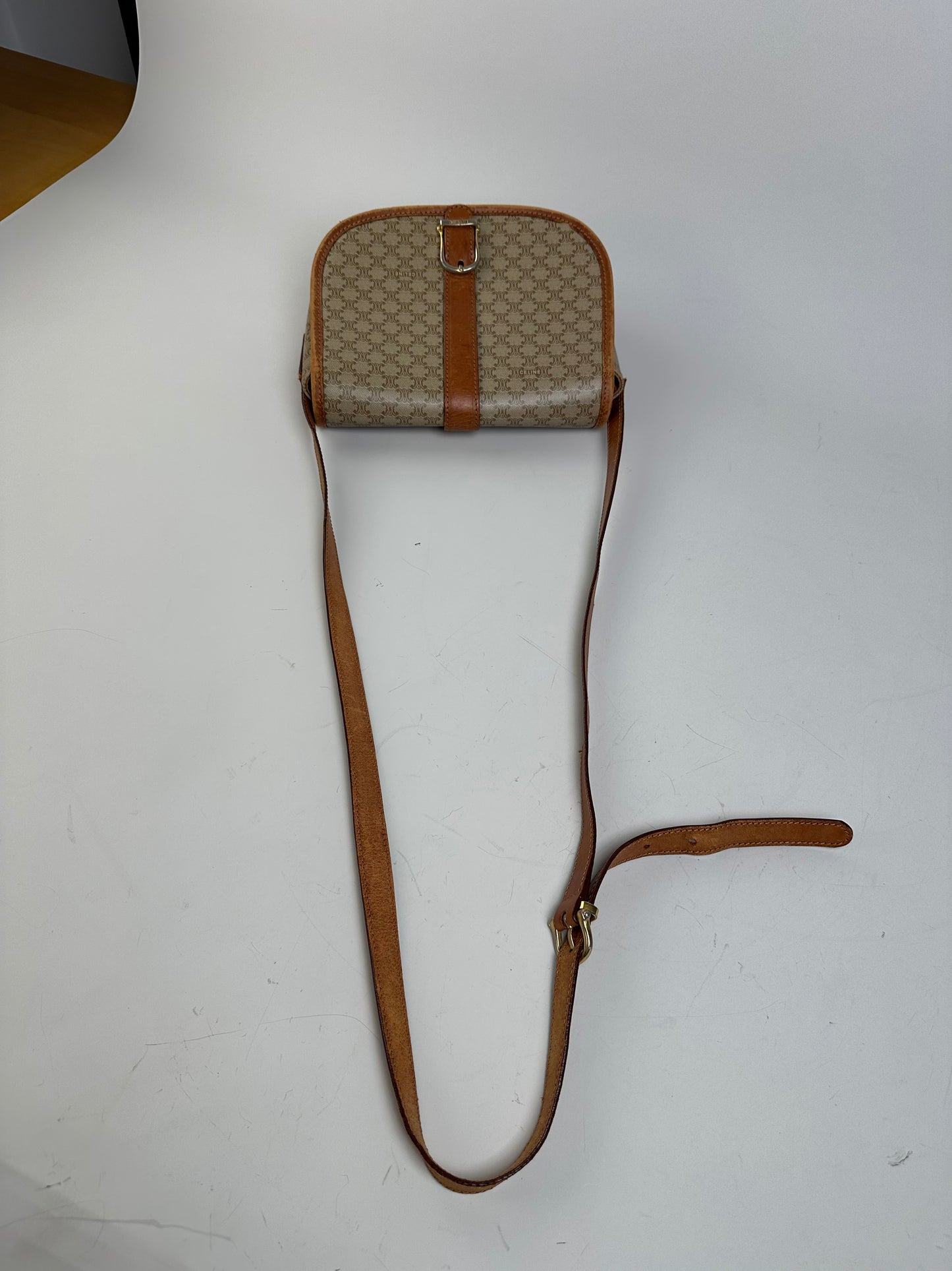 Vintage Celine Macadam Canvas Shoulder Bag Beige Brown Gold