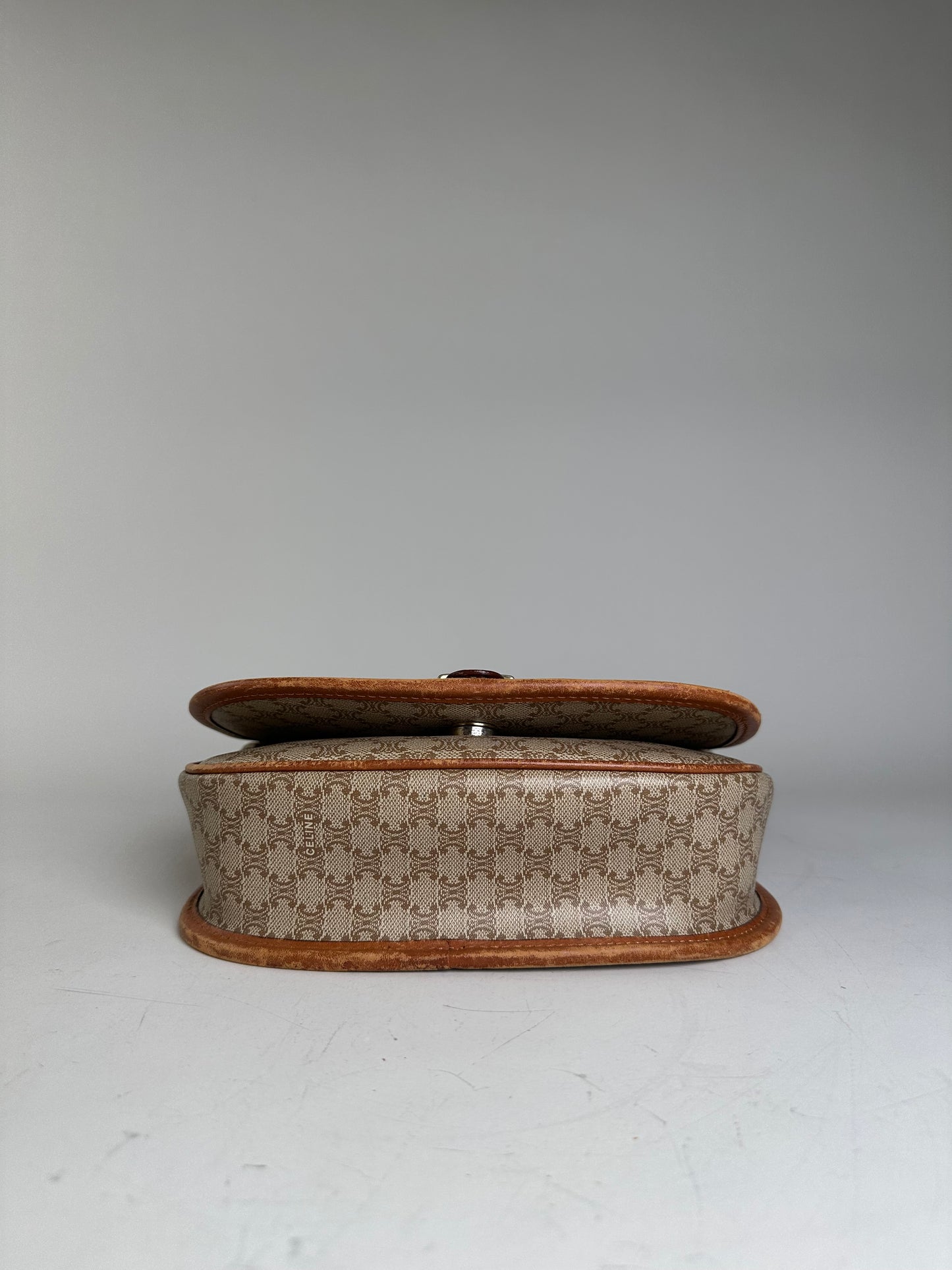 Vintage Celine Macadam Canvas Shoulder Bag Beige Brown Gold