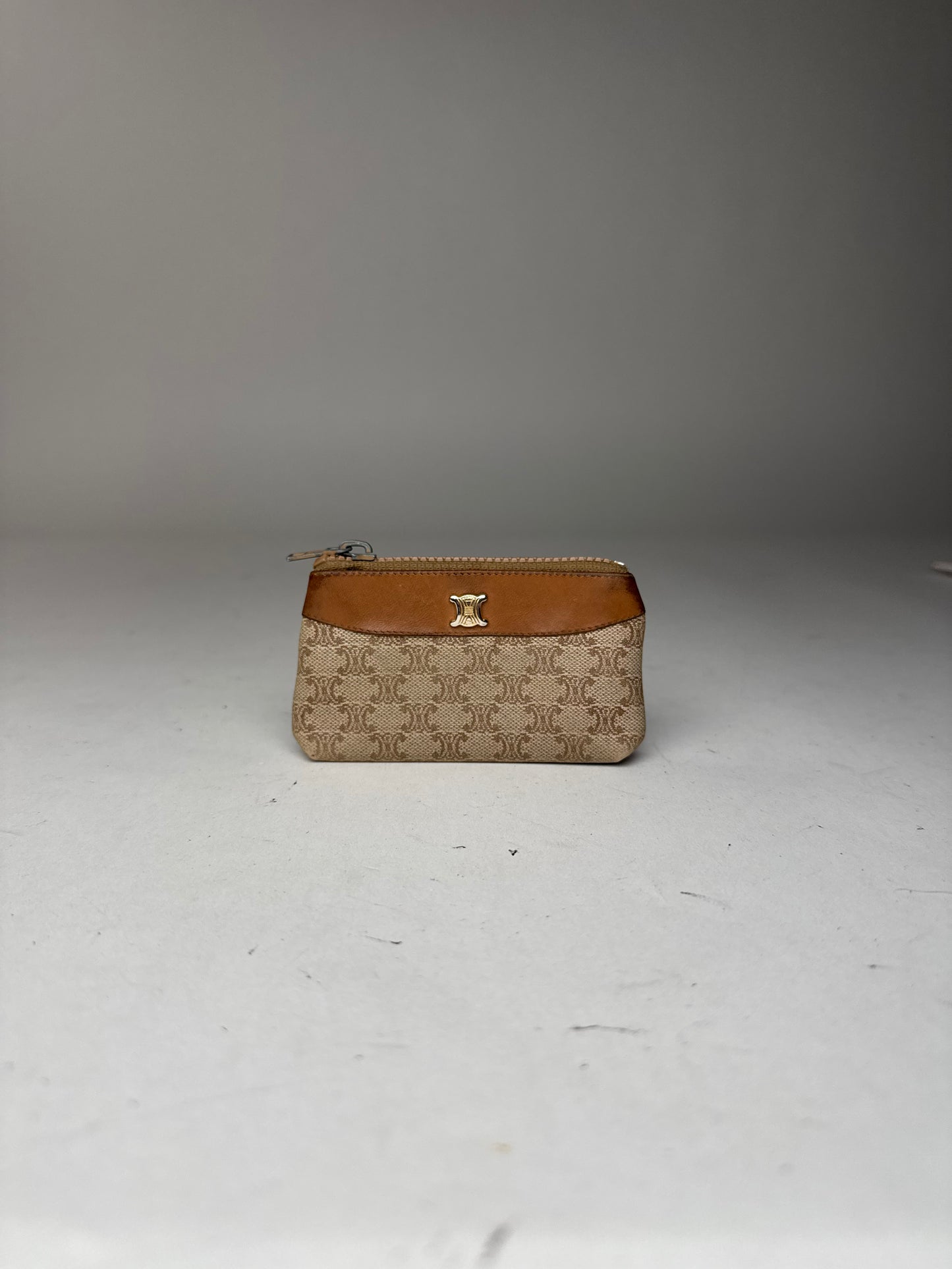 Vintage Celine Paris Leather Card holder beige brown Triomphe monogram