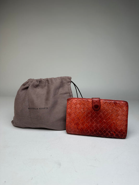 Vintage Bottega Veneta Inteecciato Leather Wallet Red