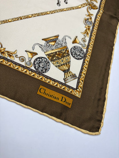 Vintage Dior Silk Scarf Beige Brown Gold
