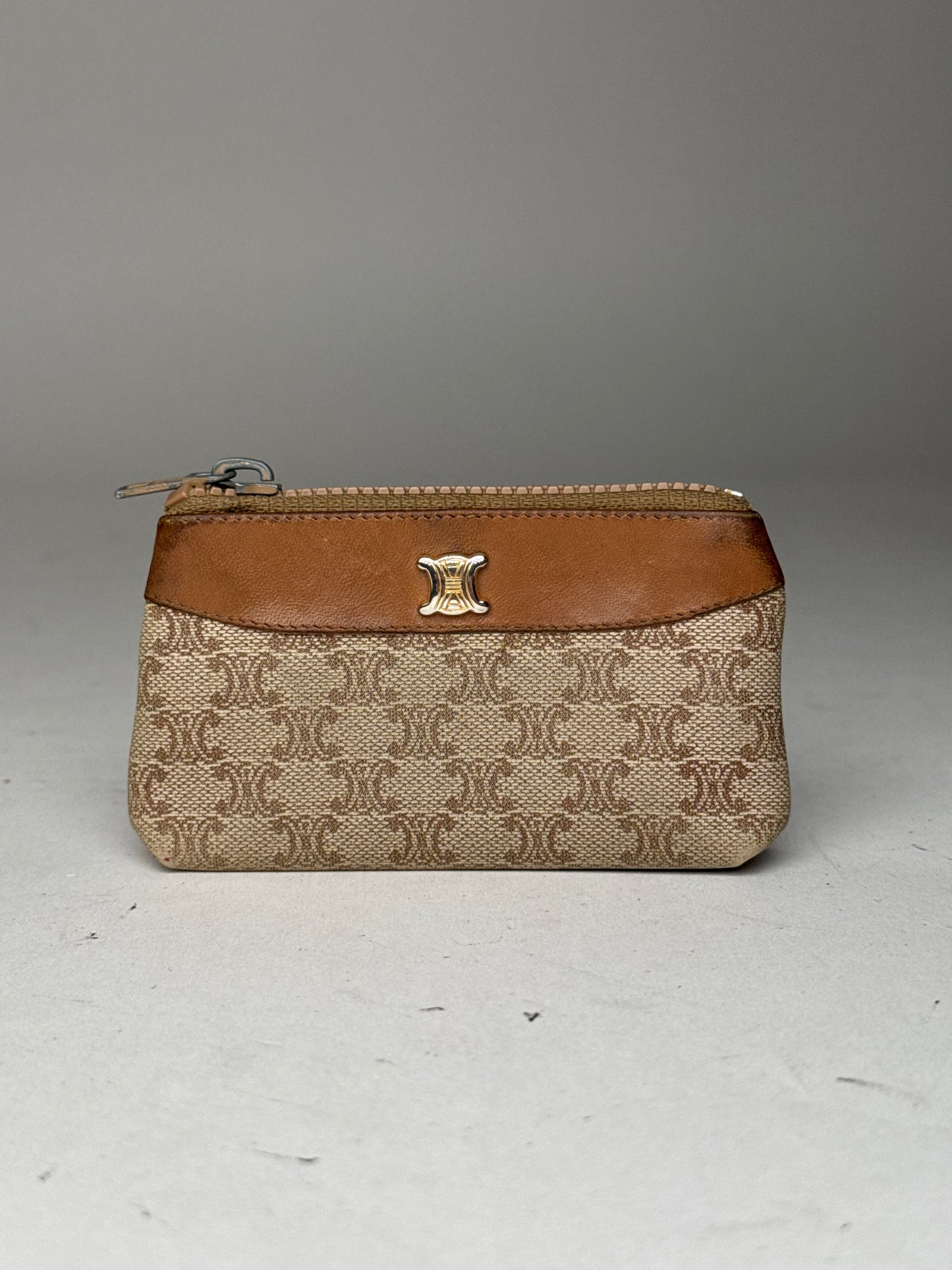 Vintage Celine Paris Leather Card holder beige brown Triomphe monogram