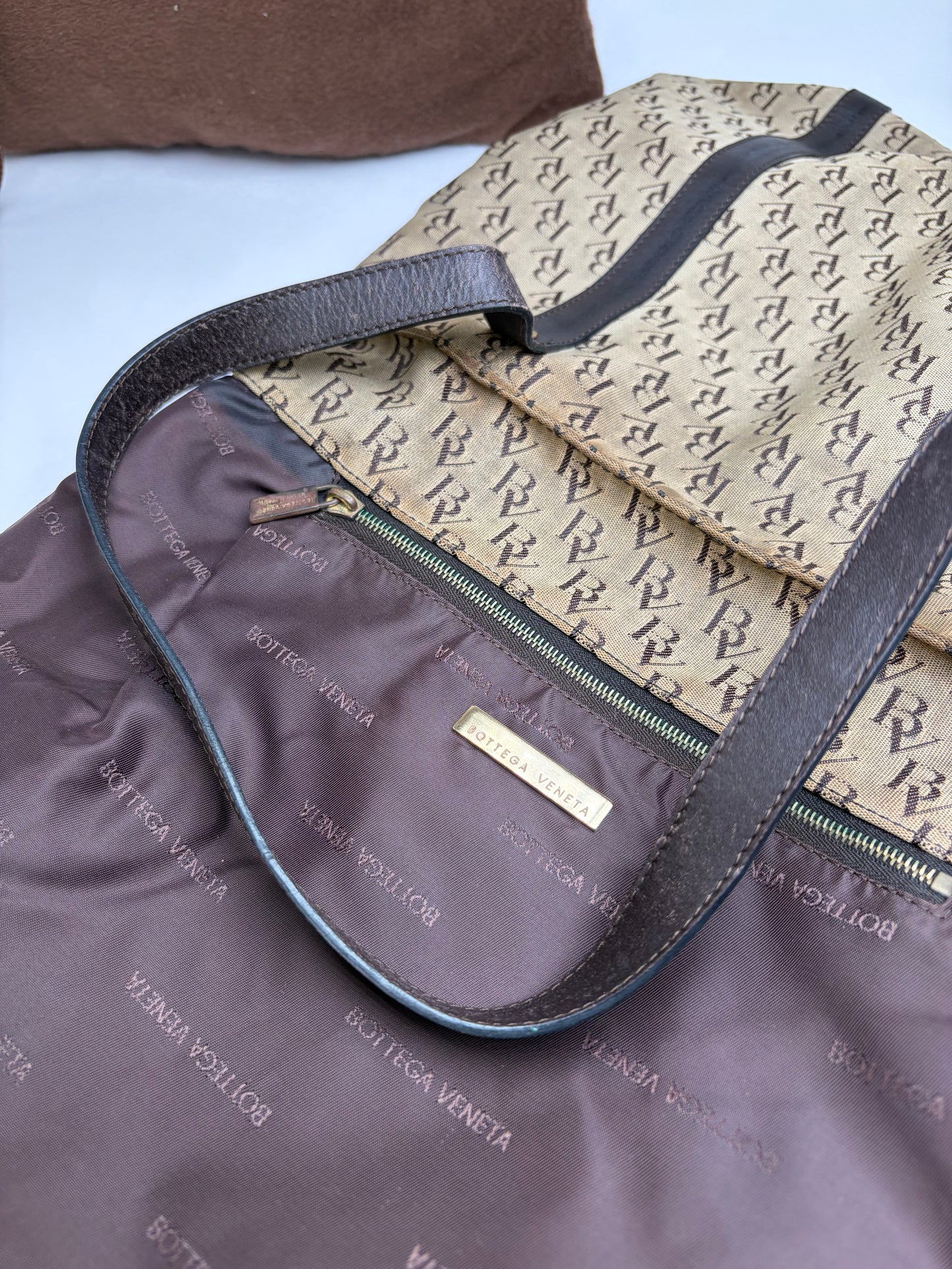Vintage Bottega Veneta Monogram Canvas Tote Brown Beige