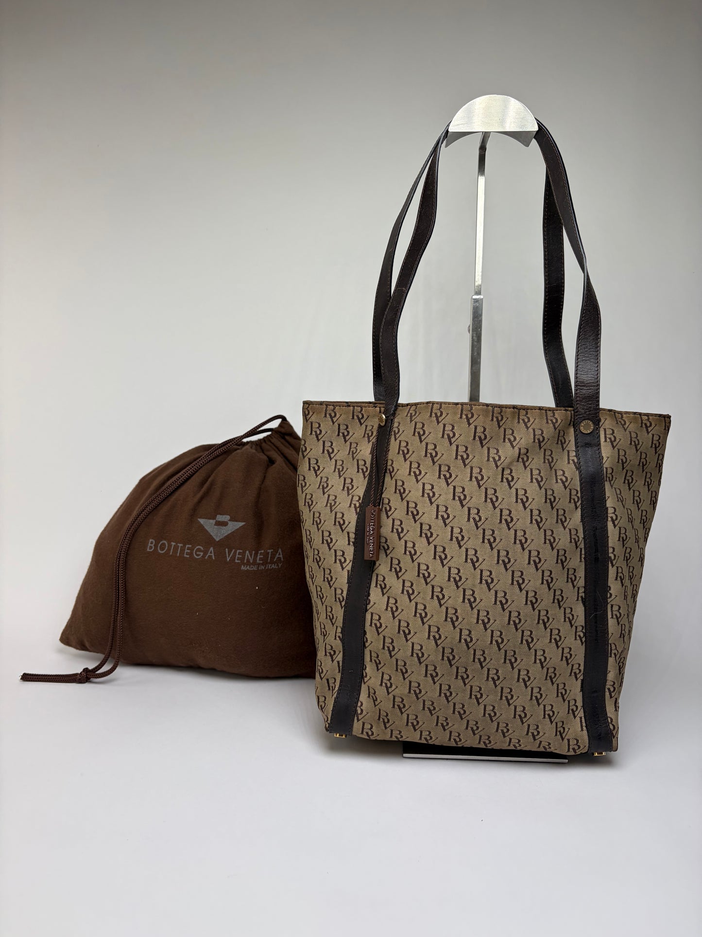 Vintage Bottega Veneta Monogram Canvas Tote Brown Beige
