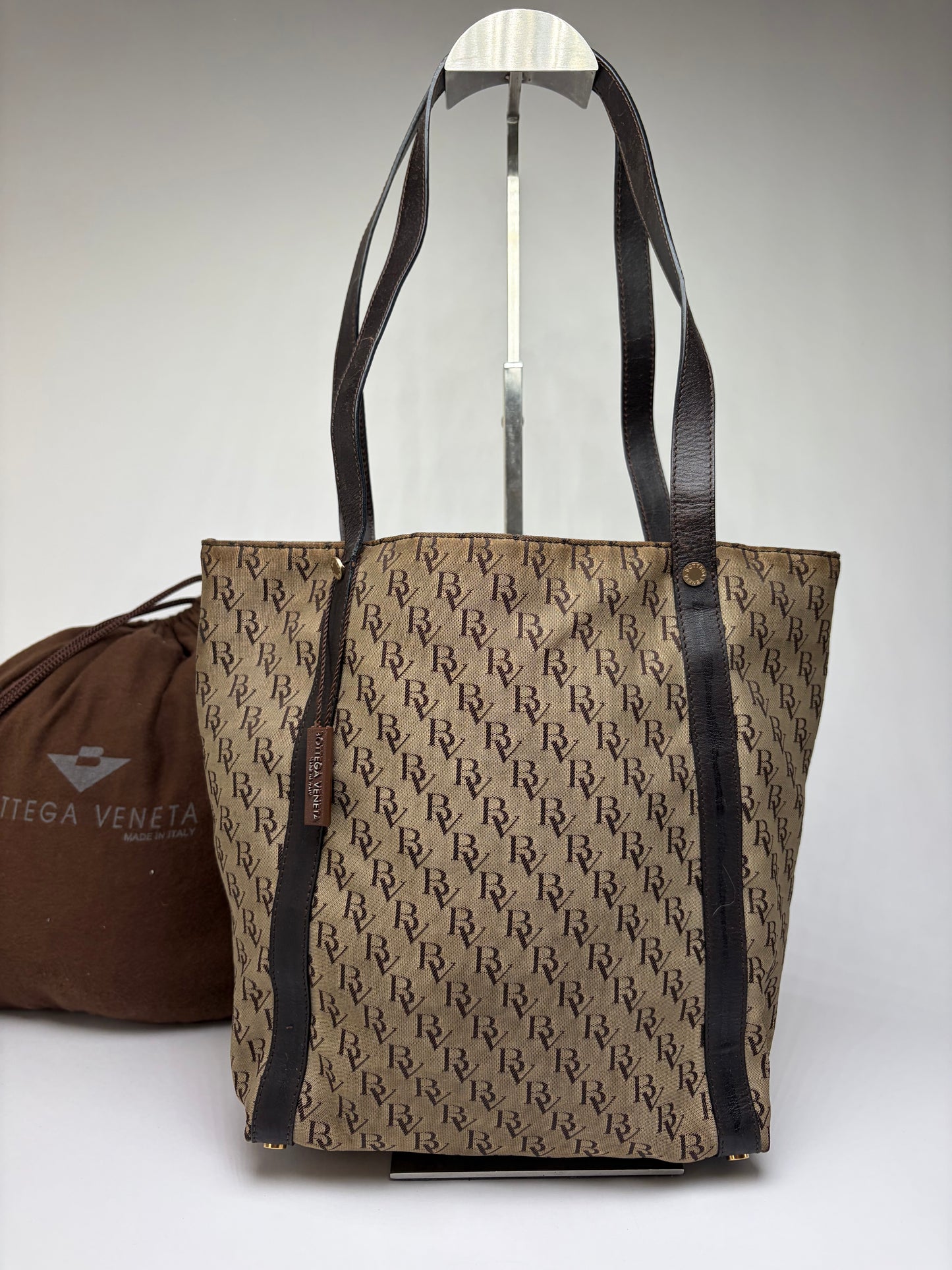 Vintage Bottega Veneta Monogram Canvas Tote Brown Beige