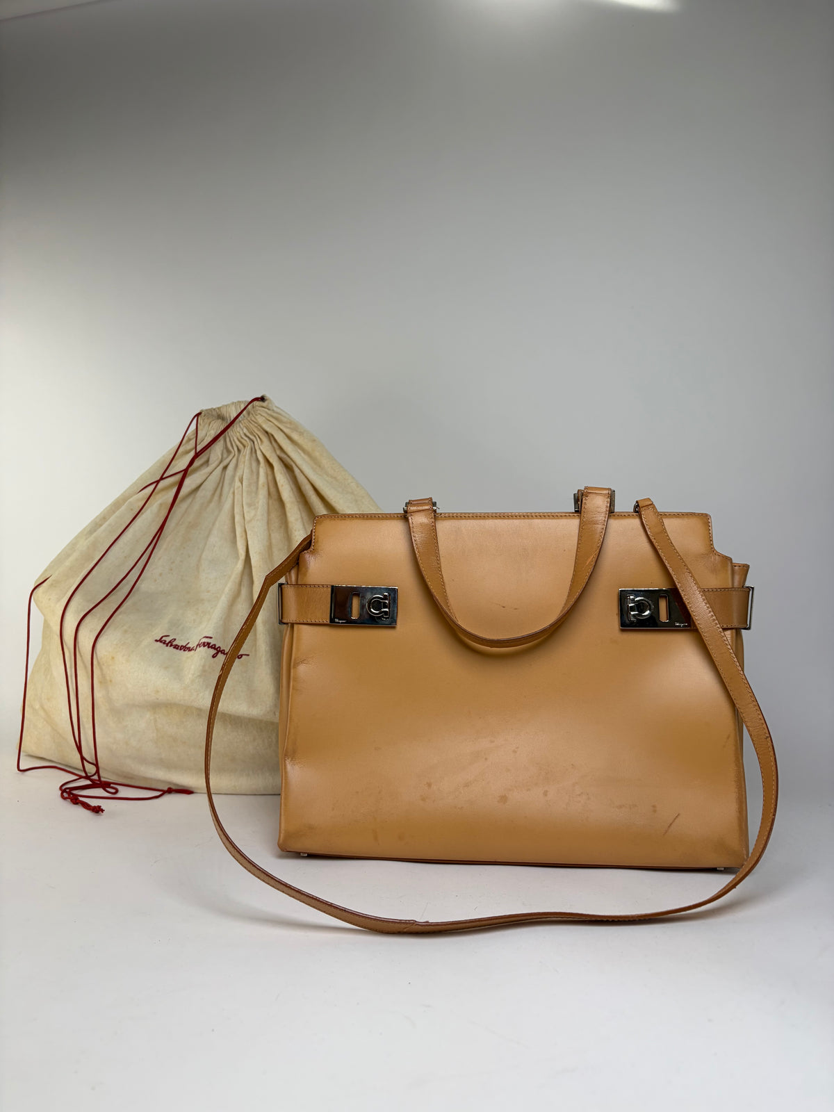 Vintage Salvatore Ferragamo Structured Leather Top-Handle Bag Late 2000s Tan