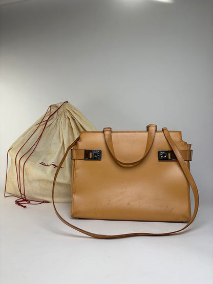 Vintage Salvatore Ferragamo Structured Leather Top-Handle Bag Late 2000s Tan