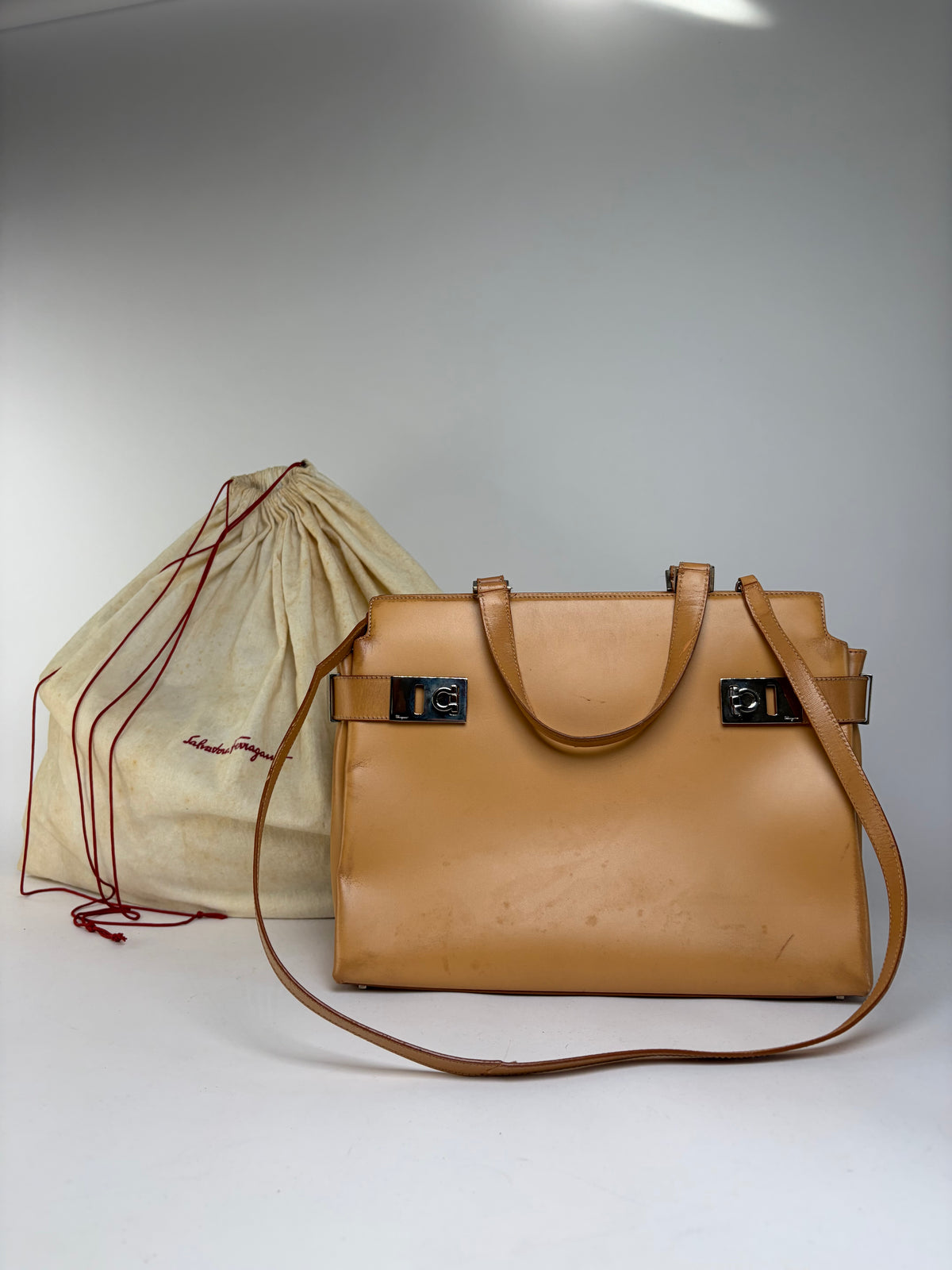 Vintage Salvatore Ferragamo Structured Leather Top-Handle Bag Late 2000s Tan