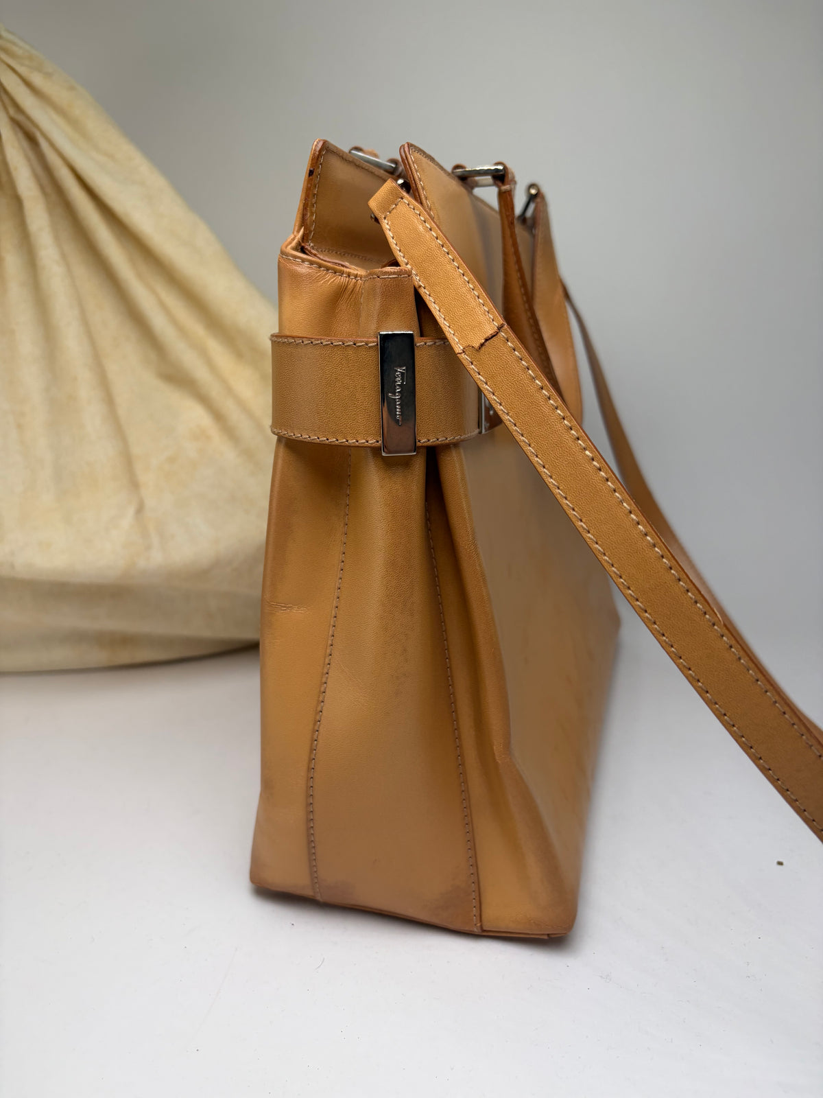 Vintage Salvatore Ferragamo Structured Leather Top-Handle Bag Late 2000s Tan