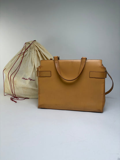 Vintage Salvatore Ferragamo Structured Leather Top-Handle Bag Late 2000s Tan