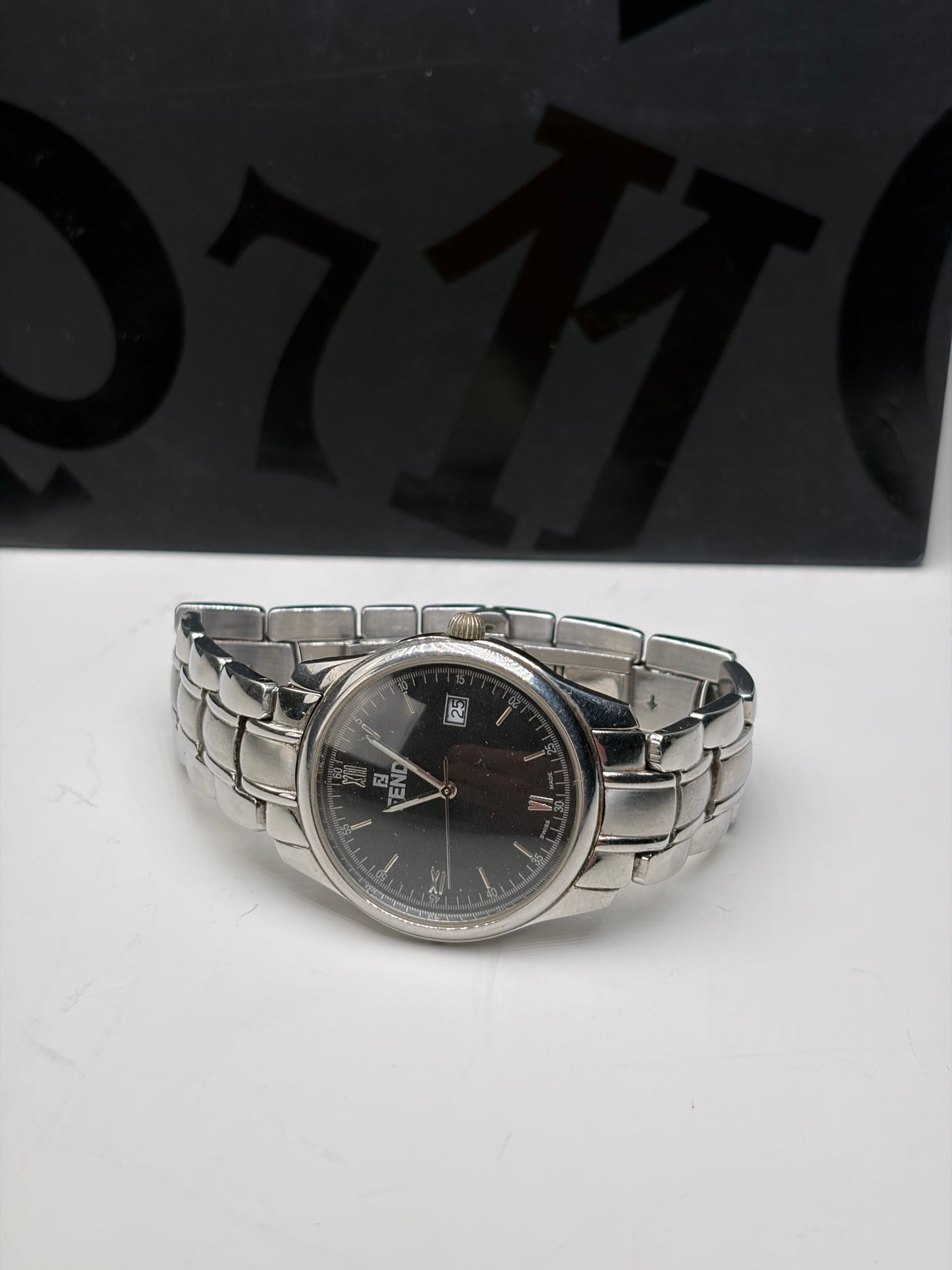 Vintage Fendi Stainless Steel Bracelet Watch Black Silver