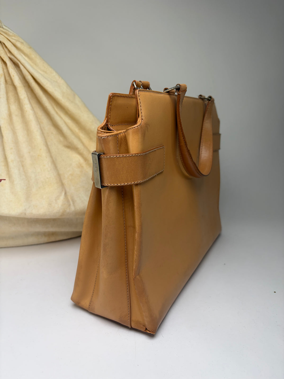 Vintage Salvatore Ferragamo Structured Leather Top-Handle Bag Late 2000s Tan