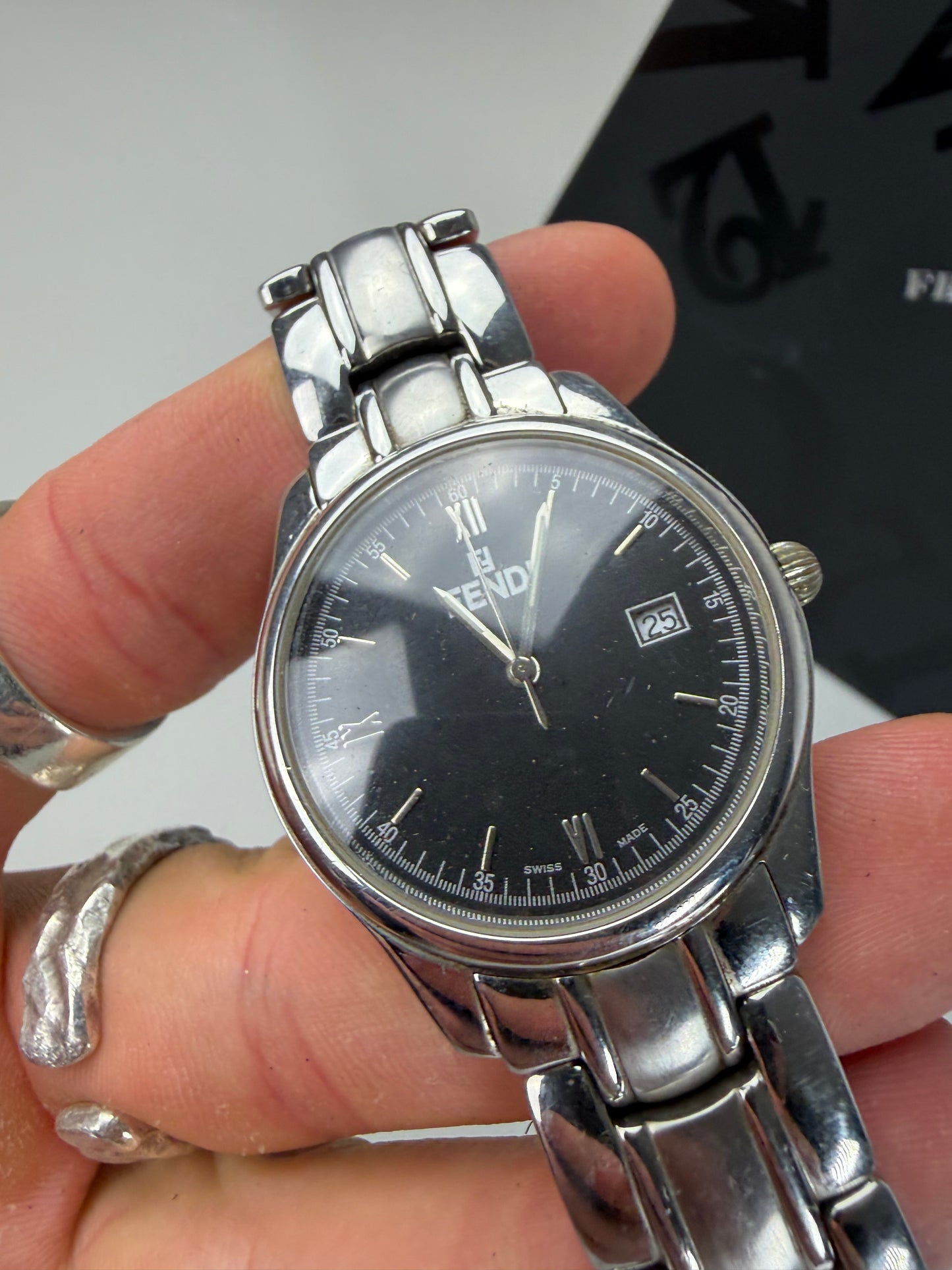 Vintage Fendi Stainless Steel Bracelet Watch Black Silver