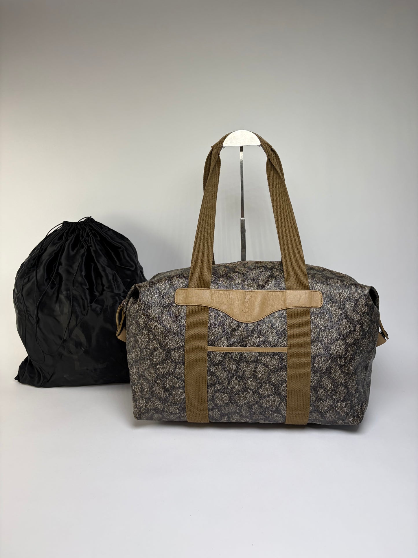 Vintage Yves Saint Laurent Leopard Print Duffel Bag Brown Beige
