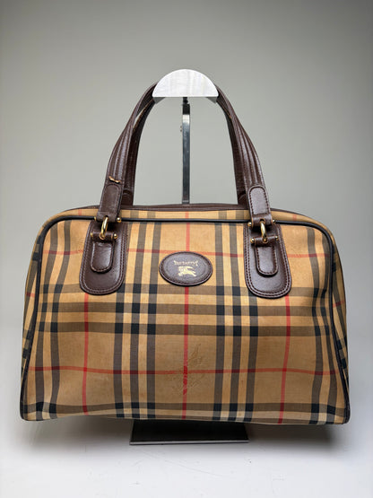 Vintage Burberry Haymarket Check Canvas Handbag Beige Red