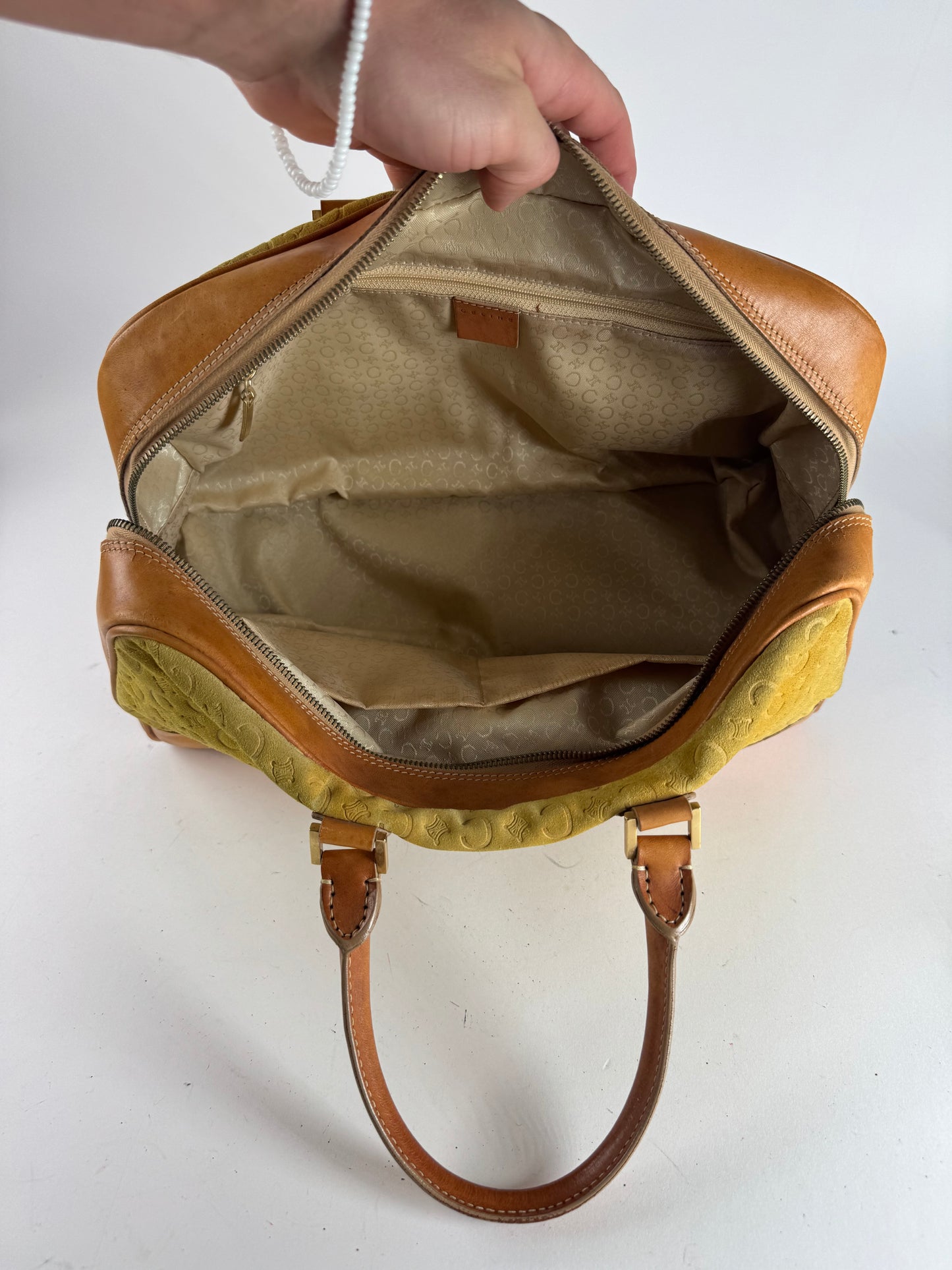 Vintage Celine Paris Macadam Monogram Weekender Duffel Bag Brown Yellow