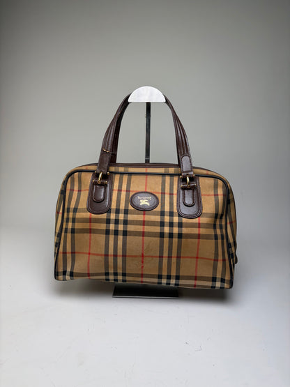 Vintage Burberry Haymarket Check Canvas Handbag Beige Red