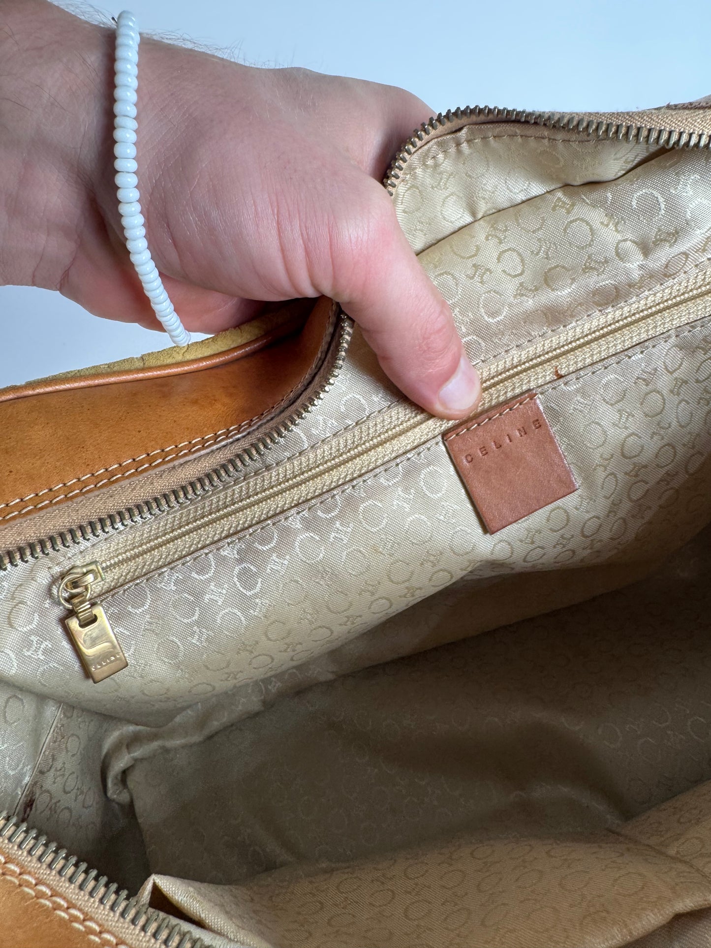 Vintage Celine Paris Macadam Monogram Weekender Duffel Bag Brown Yellow