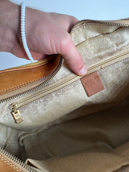 Vintage Celine Paris Macadam Monogram Weekender Duffel Bag Brown Yellow