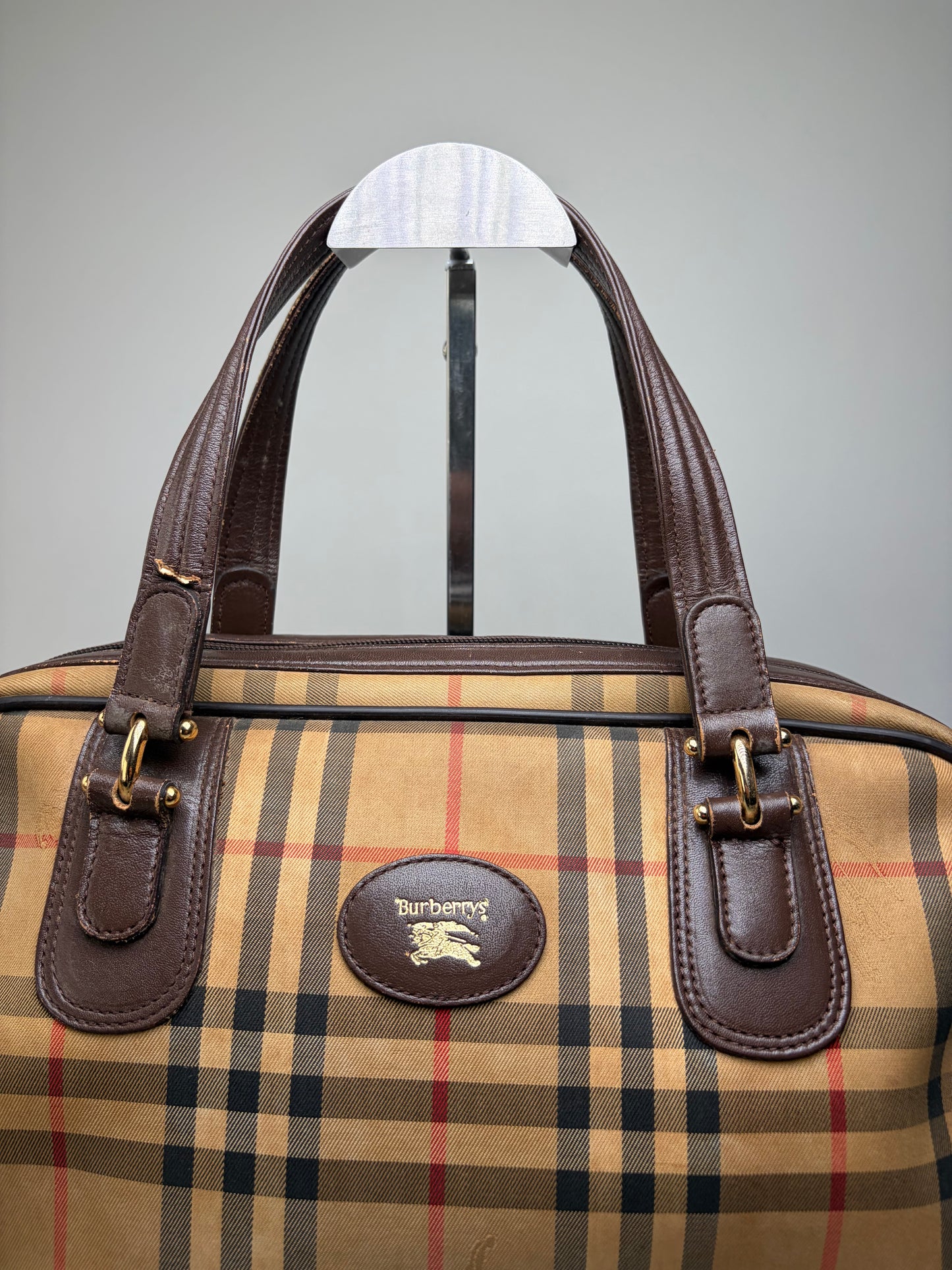 Vintage Burberry Haymarket Check Canvas Handbag Beige Red