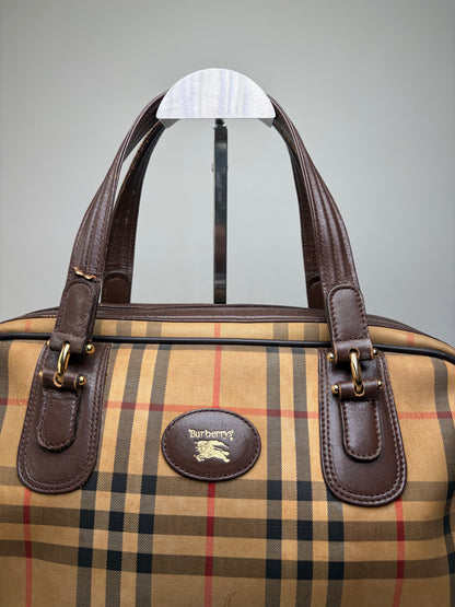 Vintage Burberry Haymarket Check Canvas Handbag Beige Red