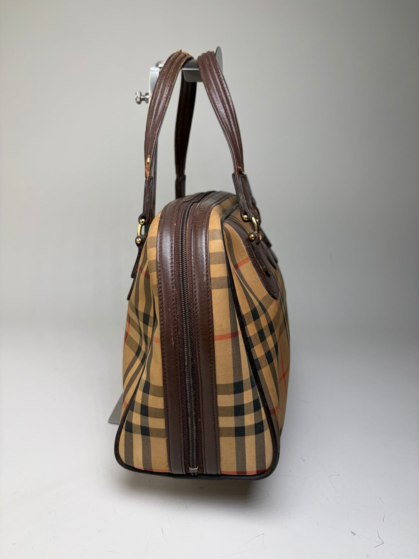 Vintage Burberry Haymarket Check Canvas Handbag Beige Red