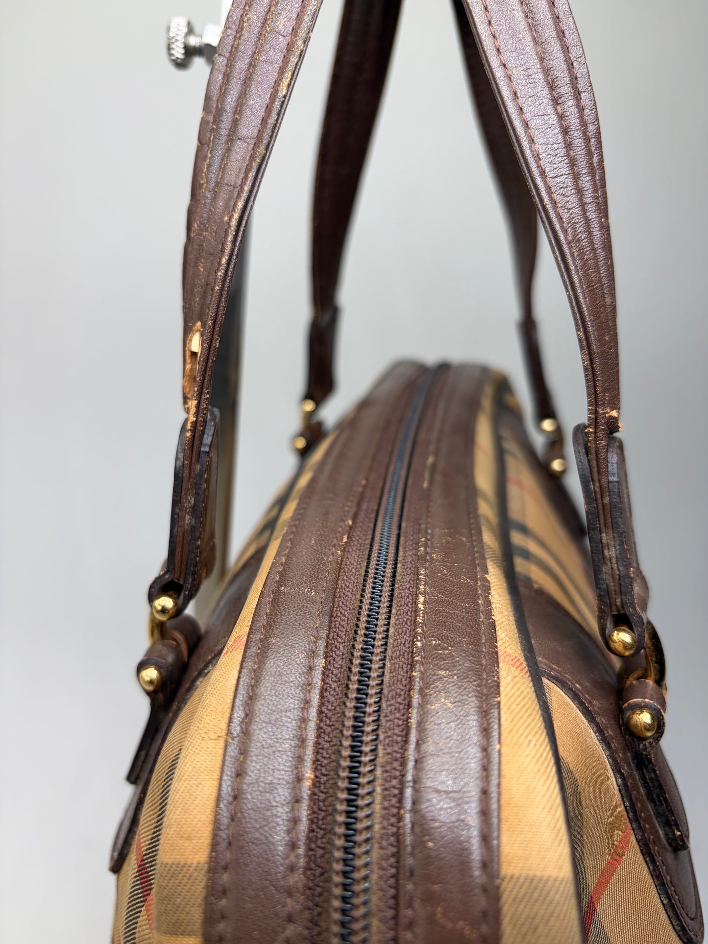 Vintage Burberry Haymarket Check Canvas Handbag Beige Red