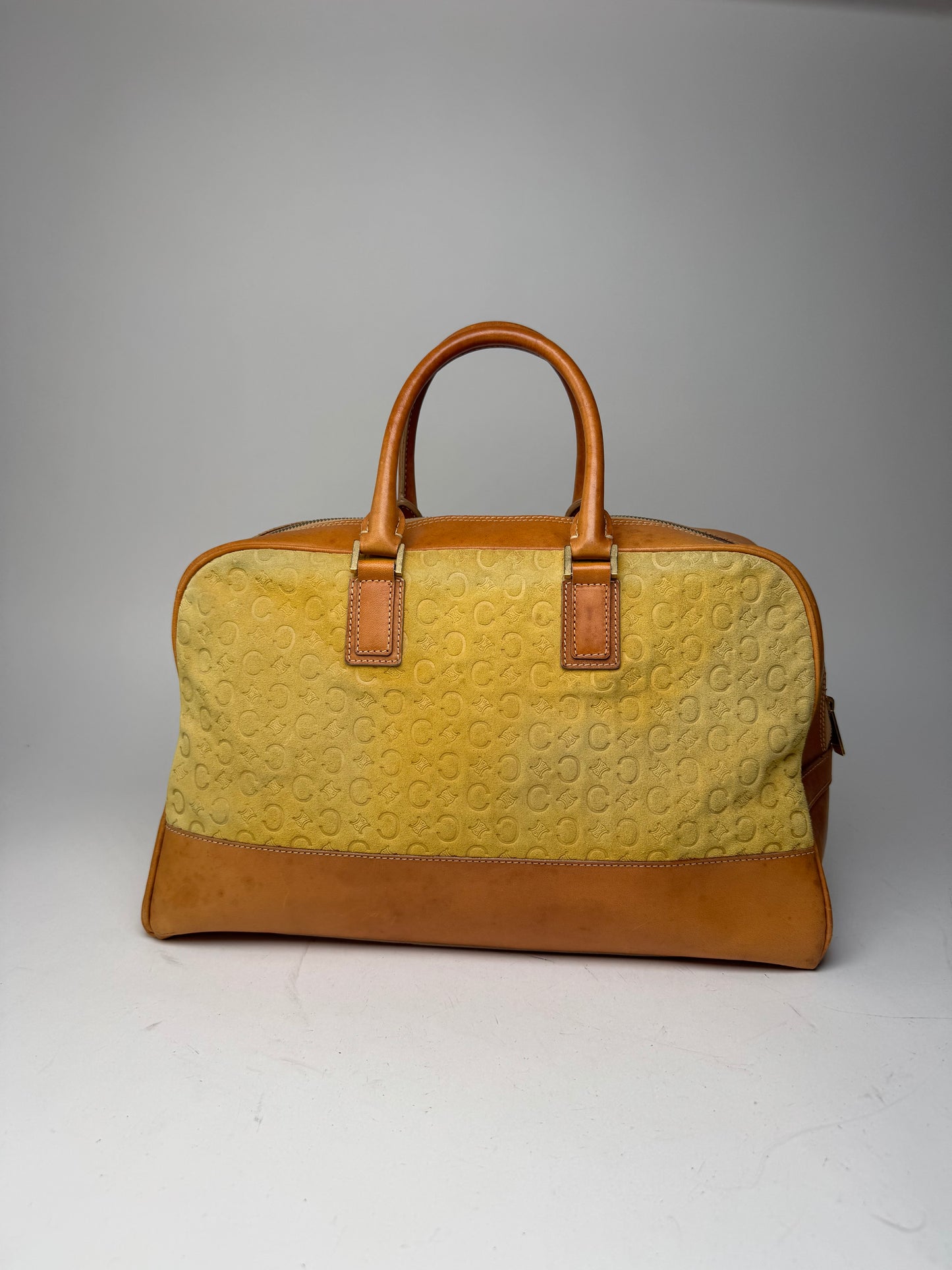 Vintage Celine Paris Macadam Monogram Weekender Duffel Bag Brown Yellow
