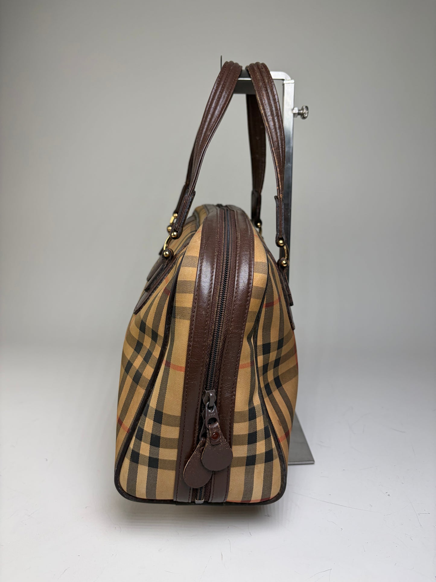 Vintage Burberry Haymarket Check Canvas Handbag Beige Red