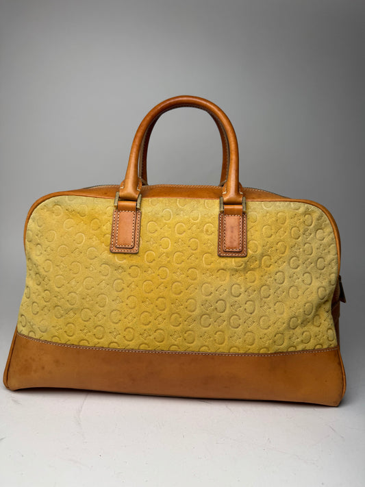 Vintage Celine Paris Macadam Monogram Weekender Duffel Bag Brown Yellow