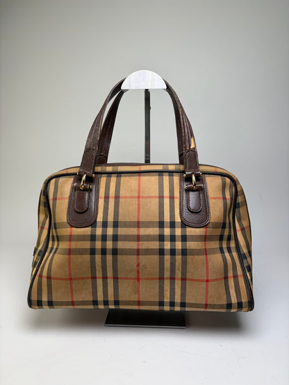 Vintage Burberry Haymarket Check Canvas Handbag Beige Red