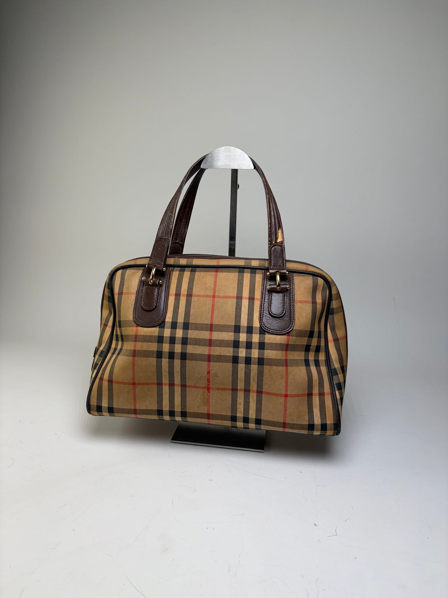 Vintage Burberry Haymarket Check Canvas Handbag Beige Red