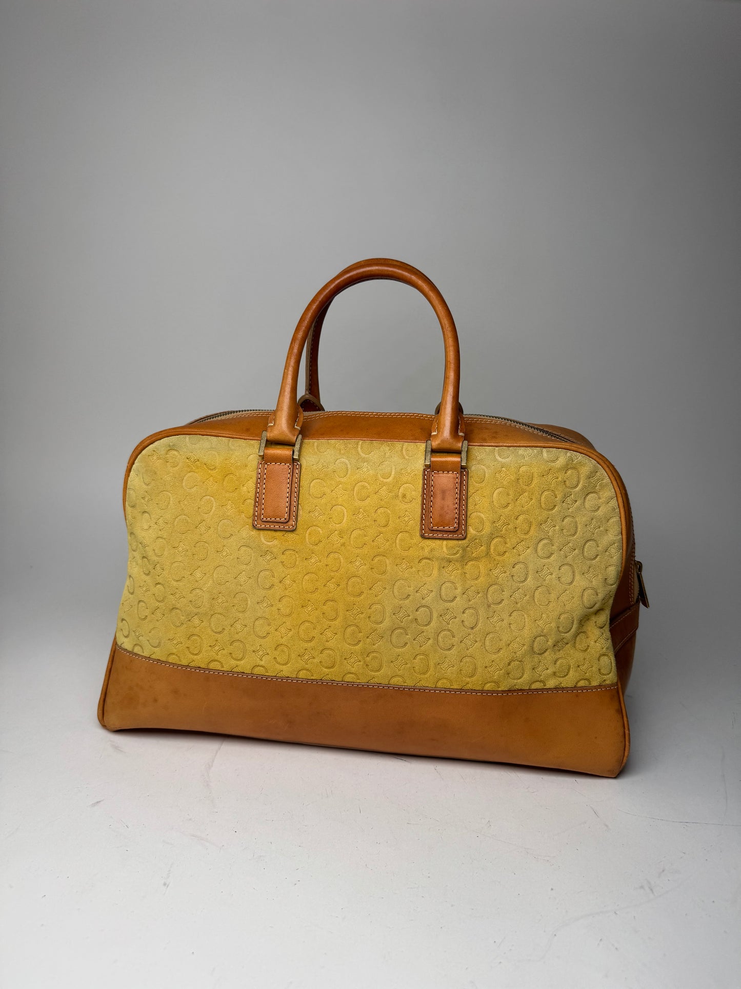 Vintage Celine Paris Macadam Monogram Weekender Duffel Bag Brown Yellow