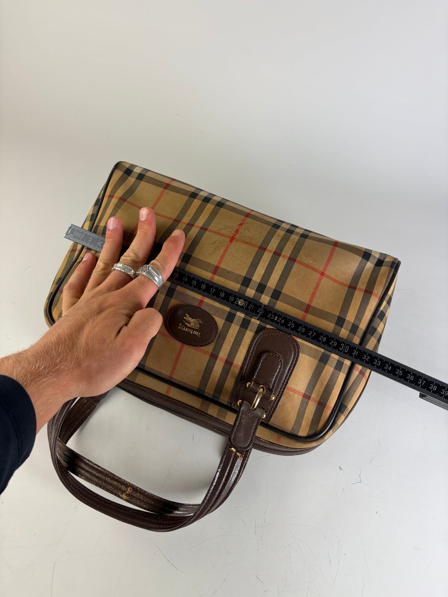Vintage Burberry Haymarket Check Canvas Handbag Beige Red