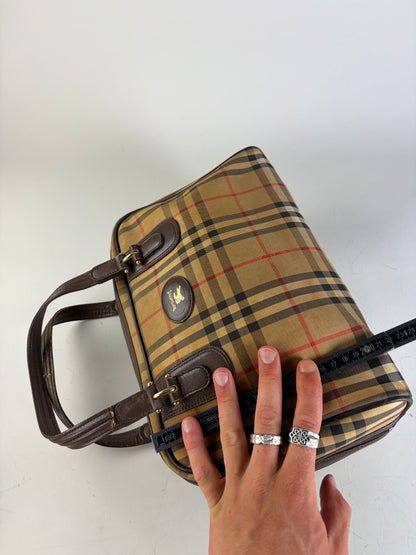 Vintage Burberry Haymarket Check Canvas Handbag Beige Red