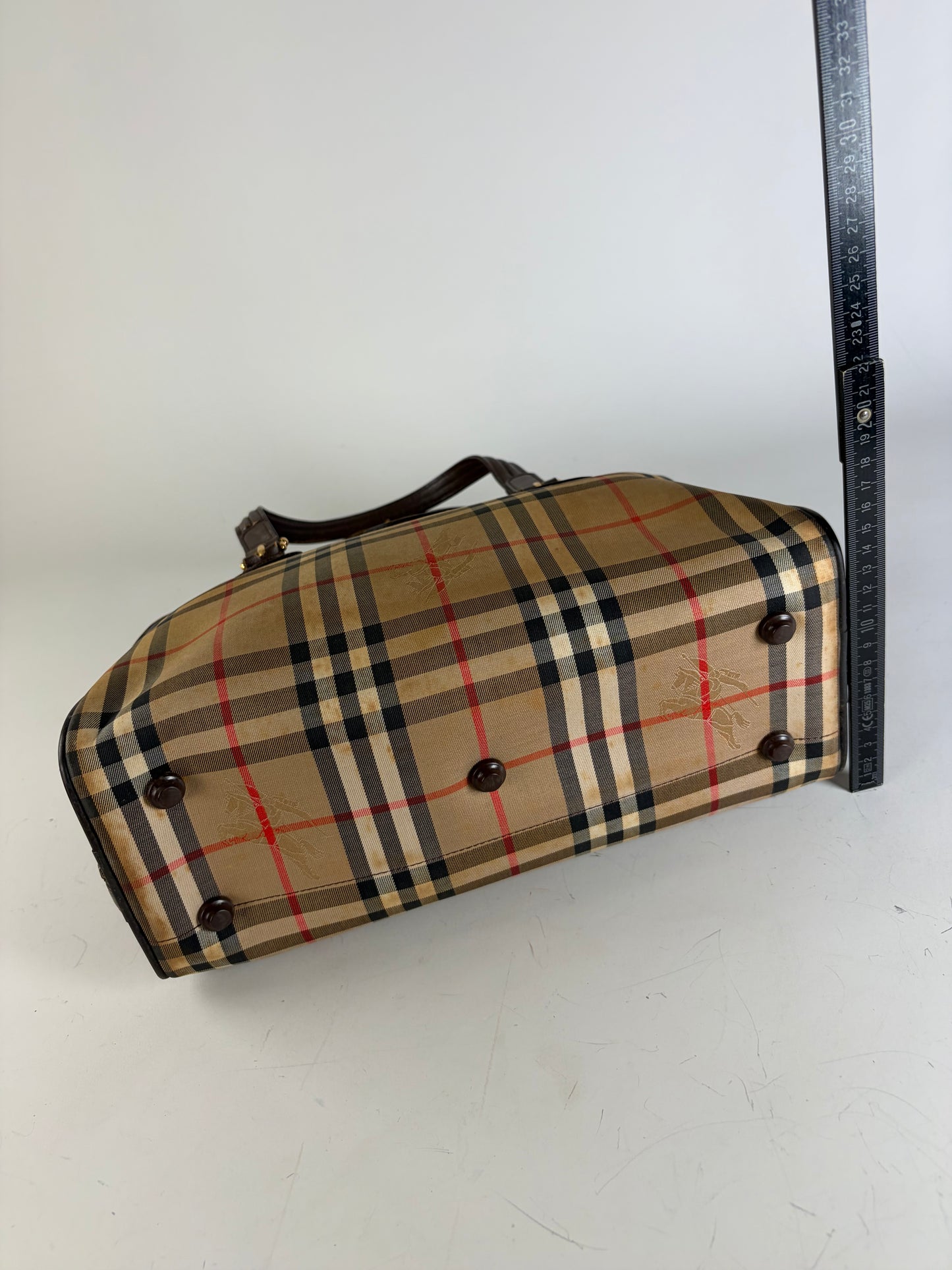 Vintage Burberry Haymarket Check Canvas Handbag Beige Red