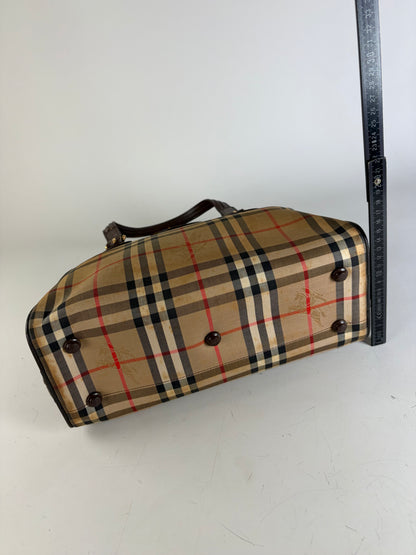 Vintage Burberry Haymarket Check Canvas Handbag Beige Red
